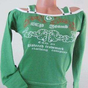 Green Artistic Print Long Sleeve Pull Over Sports Workout Blouse top shirt Sz S